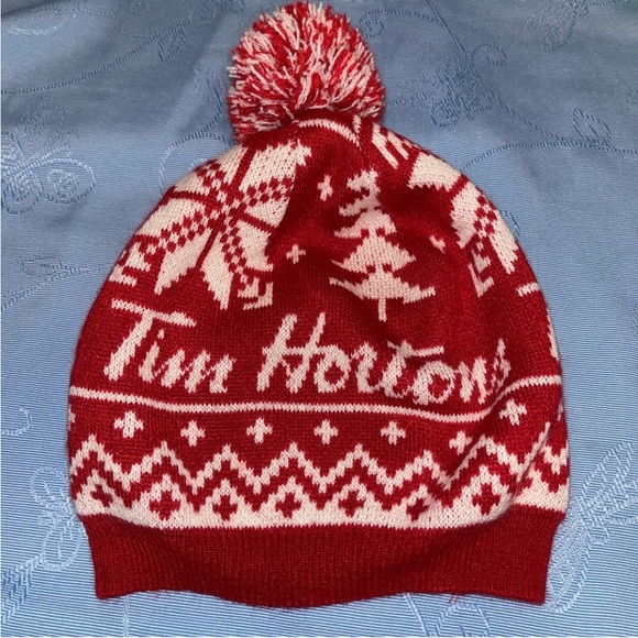 Tim Hortons Cap Kids Size Hat Sherpa Lined Red & White Knit Winter Toque Pompom - Picture 3 of 13